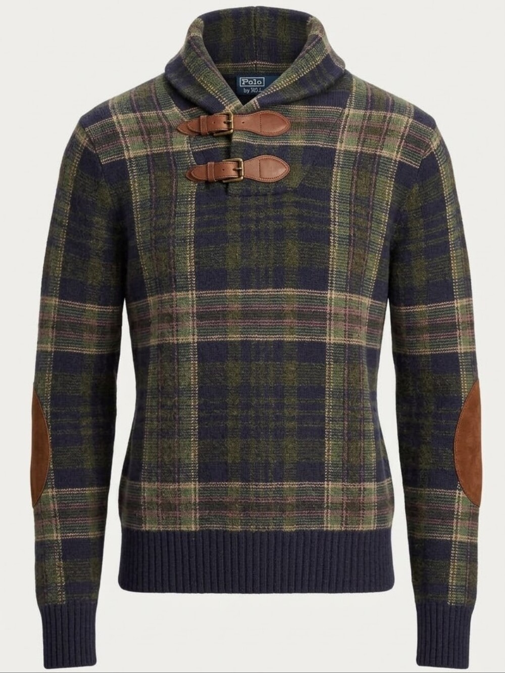 Polo by Ralph Lauren Green Plaid Wool Sweater with Leather Buckles